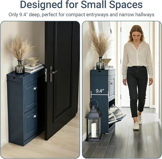 Haotian Slim Shoe Cabinet | Shoe Storage Cupboard Organizer Unit for Entryway 2 Flip-Drawers, Hallway and Bedroom Navy FSR78-B
