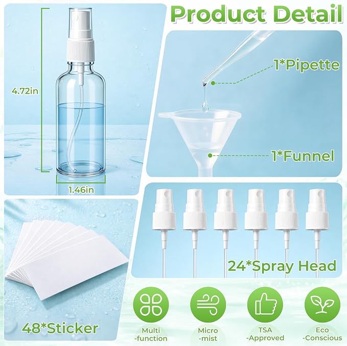 JTIEO 24 Pack 2oz(50ml) Small Glass Spray Bottle, Mini Travel Size, Clear Fine Mist Refillable Bottle for Essential Oils, Perfume & Hair, with Funnel, Pipette, 24 Spray Heads and 48 Waterproof Labels.