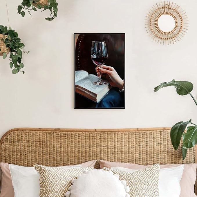 Wine and Book Girl Reading With Drink Art Aesthetic Poster Canvas Wall Art Decoration Living Room Home Decor Bedroom Decoration Poster black framed12x18inch
