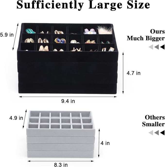 Jewelry Drawer Organizer, Drawer Jewelry Organizer for Inserts Velvet Stackable Jewelry Trays Earring Necklace Organizer Tray and Storage for Women, Black