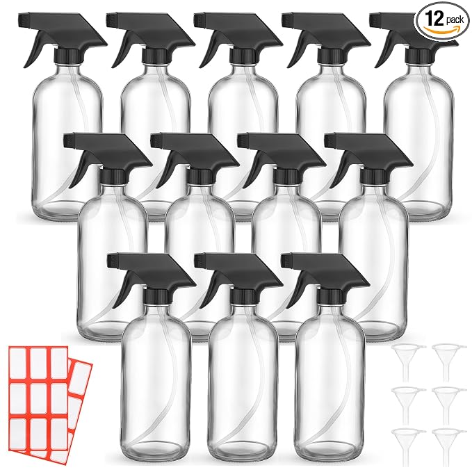 Norme 12 Pcs 8 oz Glass Spray Bottles with Funnels and Labels Refillable Cosmetic Empty Spray Bottles with Sprayer Containers for Essential Oil Cleaning Solutions(Clear,Classic)
