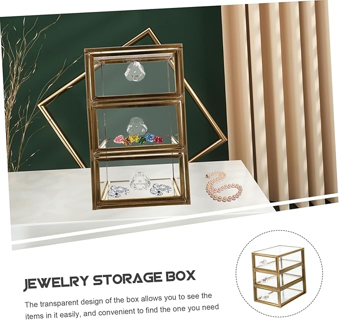 UKCOCO Transparent Drawer Jewelry Storage Box Nordic Style Desktop Organizer with Premium Alloy Frame Compact Space Saving Design for Home and Dormitory Use and Stylish Display Case