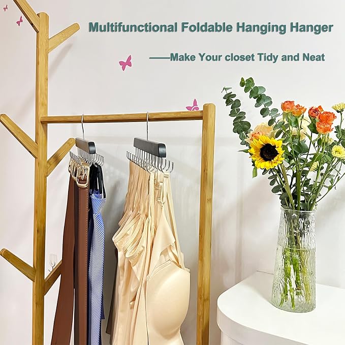 2 Pack Belt Hanger for Closet Organizer,Belt Organizer for Closet | Wooden Belt Storage Organizer with 20 Metal Hooks for Space Saving,Foldable Belt Holder for Belts,Tank Tops,Ties(Black)