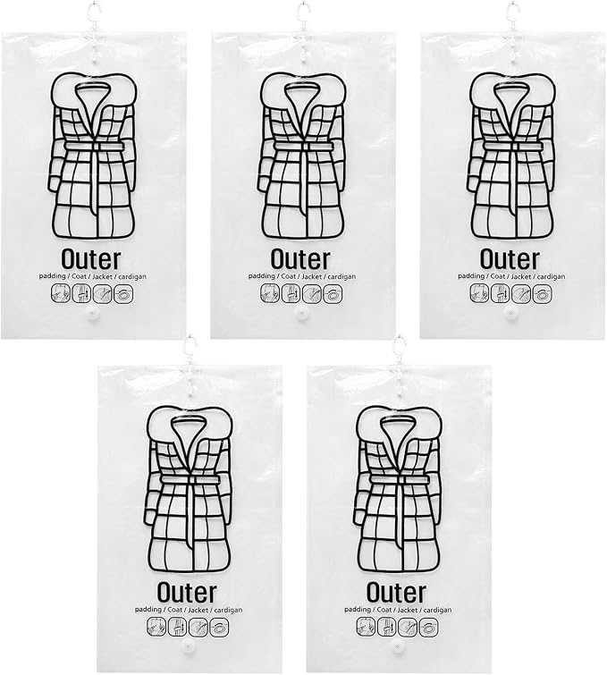 5Pcs Vacuum Bags for Clothes Space Saving Vacuum Seal Bag Hanging Storage Bag with Hooks ＆ Zip 26.4x43.3 Inch Dustproof Reusable Compressed for Clothing Closet Organizer, Home Decor