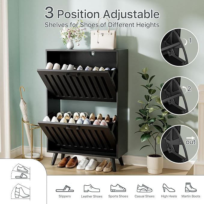 Shoe Storage Cabinet with 2 Flip Drawers, Modern Freestanding Organizer with Adjustable Shelf, Narrow Shoe Rack Cabinet for Entryway, Black