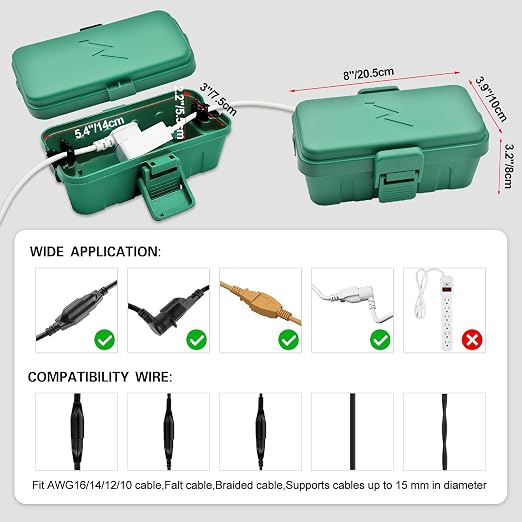 Hrensaw Small Weatherproof Electrical Connection Box(Inner 5.5 x 3 x 2.2inch),Outdoor Electrical Box,Waterproof Extension Cord Covers for Plug, Extension Cables, Holiday Lights,Green