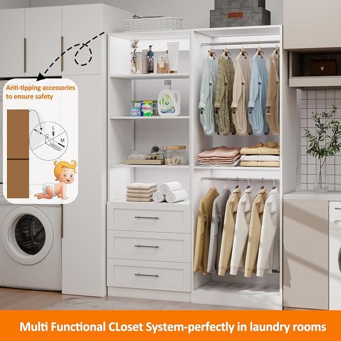 Closet System with 6 Drawers, 8FT-21FT Wooden Organizer System | 81"Tall Modular Walk In Closet System with 8 Hanging Rods&Adjustable Shevles,Standalone Closet System System, 4Set,White