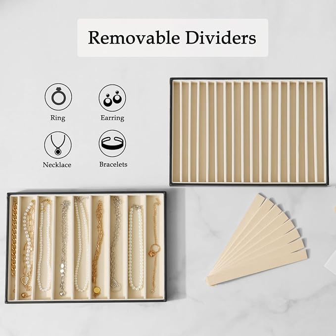 Large Jewelry Organizer Tray 2 Pack, Stackable Jewelry Storage Holder for Drawer Inserts, PU Leather Velvet Jewellery Display Case for Earring Bracelet Necklace Ring (Black Beige, 16 Grids)