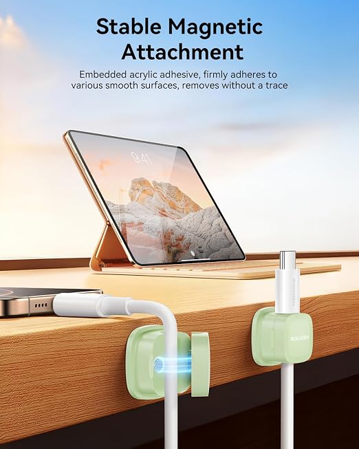 6 Pack Cable Management Cord Organizer, Magnetic Cable Clips-1s Lock, Rocoren Desk Adhesive Cord Cable Clip Wire Holder Keeper for Phone Charger Wire, Nightstand, Car, Office, Desktop Accessory, Green