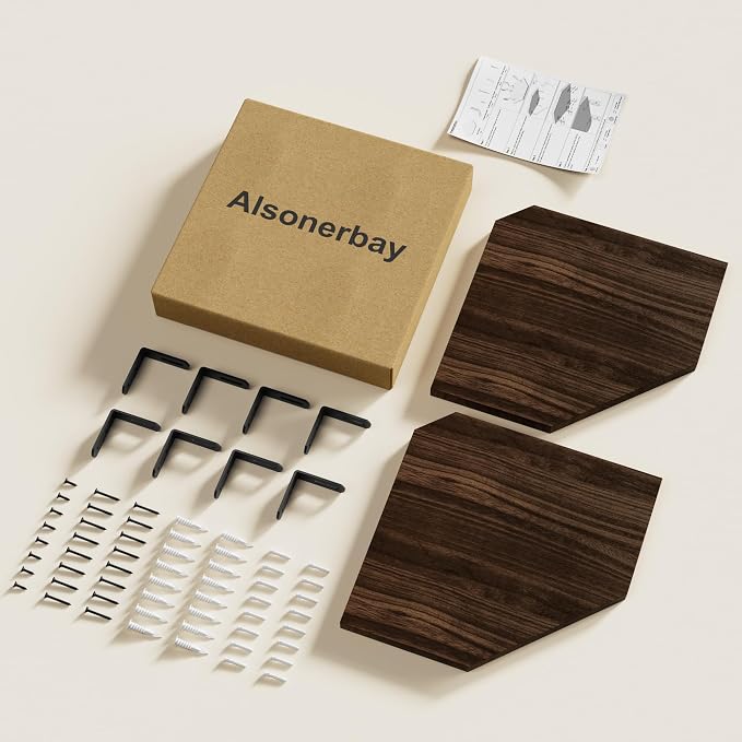 Alsonerbay Pine Wood Corner Shelves with Cord Hole 2-Pack, Carbonized Black | Diamond-shaped, cable management, 40 lbs/shelf, 0.79" thick pine, L-shaped metal brackets, for router & media devices