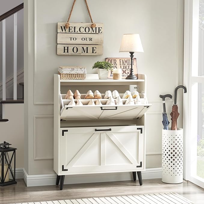 Barnyatoh Shoe Storage Cabinet with 2 Flip Drawers, Farmhouse Hidden Shoe Organizer, Narrow Slim Shoe Rack Cabinet for Entryway Hallway,Antique White