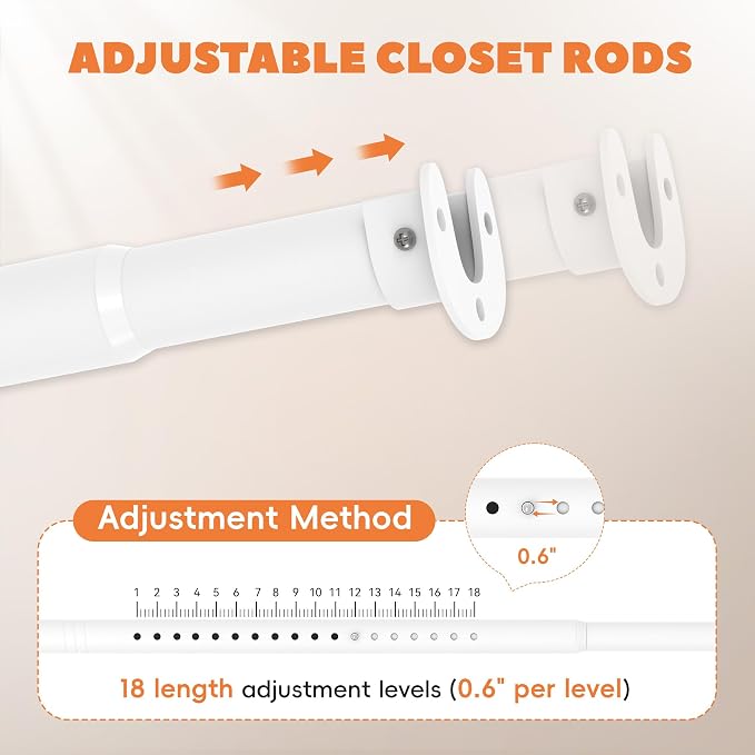 Metal Closet Rod 1.3" Heavy Duty Adjustable Hanging Rod 17-51 Inch | White, Stainless Steel, 1.3 Inch Diameter, Wall Brackets Included, For Hanging Clothes, Walk-In Closets, Laundry Rooms