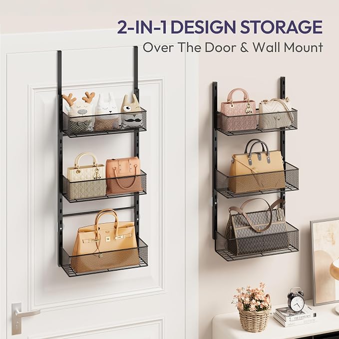 SWTYMIKI Over The Door Purse Organizer - Wall Mounted Purse Rack with 6 Adjustable Metal Basket, Hanging Bag Rack for Handbag Organizer, Bag Storage Can Use As 1/2 Part, for Door