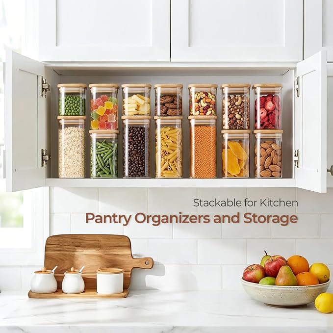 ComSaf Glass Pantry Storage Containers (0.7qt/1.2qt/1.6qt) Set of 6 Jars | Rectangle Glass Storage Containers With Lids, Glass Canisters With Airtight Lids For Kitchen, Spices, Tea, Coffee, BPA Free