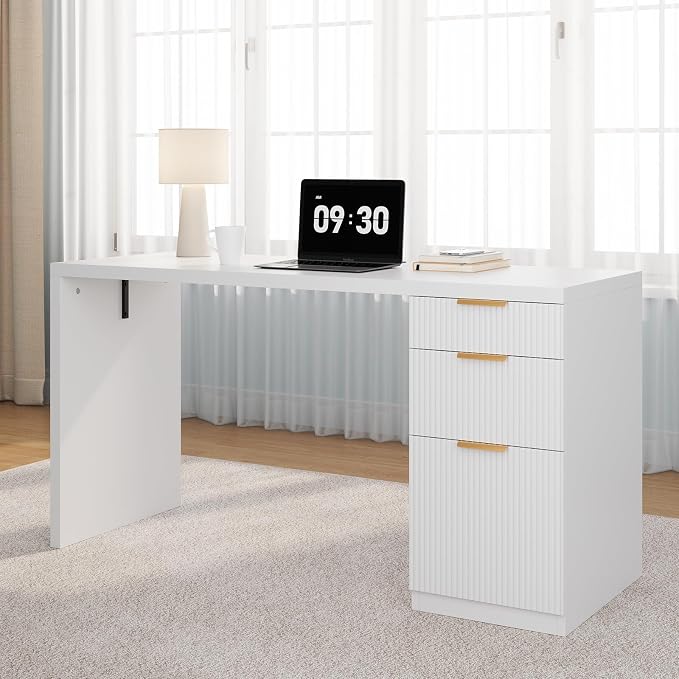FURSUN 58" Modern Executive Desk with Storage, Home Office Desk with Drawer & Cabinet, Wooden Fluted Desk for Study, Living Room, Bedroom, White