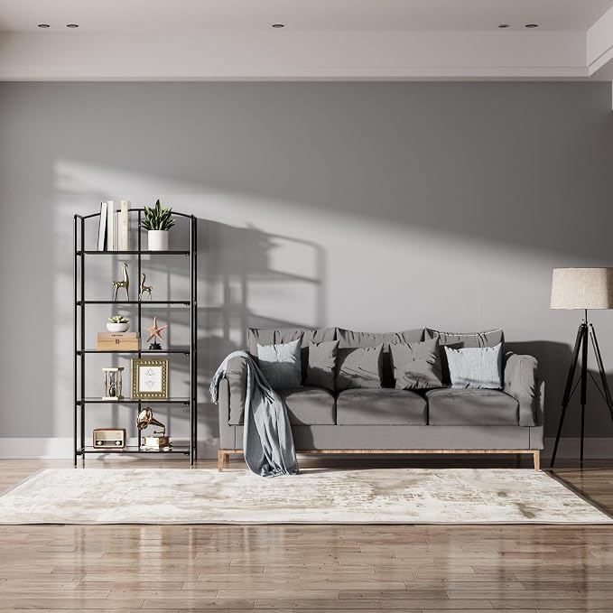 Crofy 5-Tier Wider Foldable Bookshelf, Black Frame & Transparent Shelves | Collapsible Portable Storage Organizer; Sturdy Transparent Shelves; Ideal for Living Room & Home Office