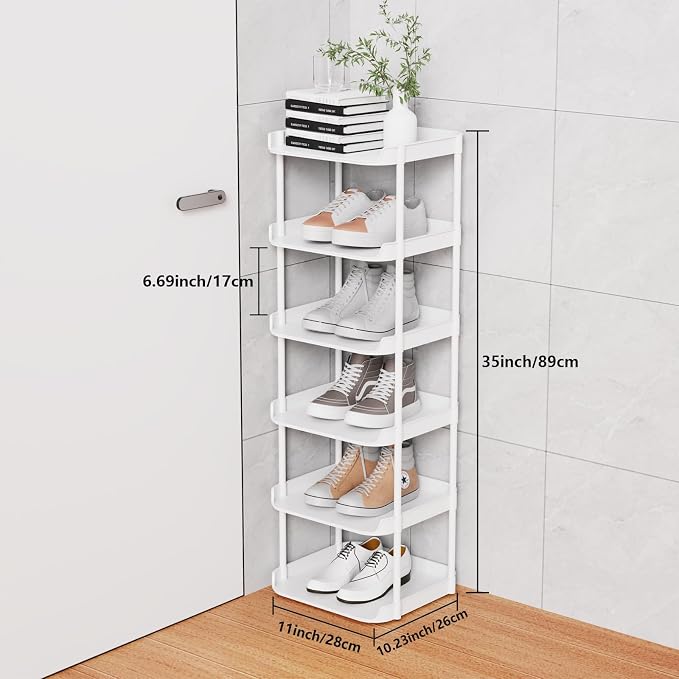 6 Tier Narrow Shoe Storage Rack, Compact Single Shoerack Stand for Slim Space, Stackable Tall Thin Show Tower, Solid Plastic Shelves, for Hallways, Kitchens, Bedrooms Tidy Organizer, White