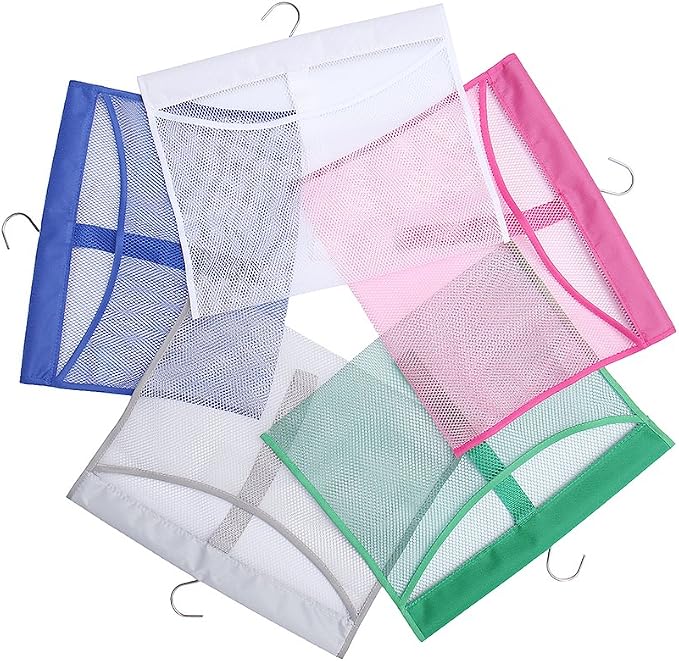 ALYER Hanging Mesh Shower Pockets Caddy for 34oz/1000ml Shampoo and Conditioner, Colorful Bath Toy Organizer, Hanging Tandem Type Closet Accessories Storage Bag, White