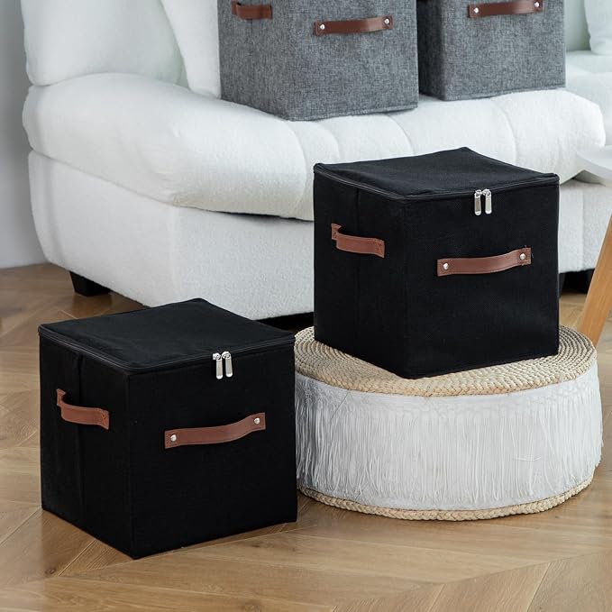 4PCS Large Storage Cubes with Zippered Lids 3 PU Leather Handles | Fabric Storage Bins Boxes Cotton Linen Decorative Foldable Washable Lidded Shelf Closet Organizer Container (Black, 13 Inch)