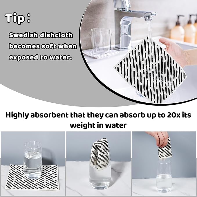 Needbrock 6 Pack Swedish Dishcloths for Kitchen,Swedish Rags Dish Towels with Clips, Reusable Paper Towels Washable Absorbent Cellulose Sponge Cloths No Odor for Countertop Sink Kitchen
