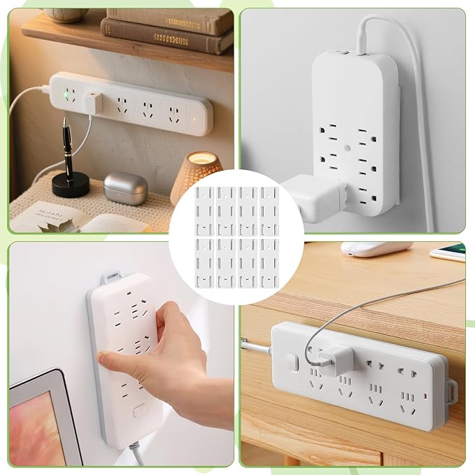 8 Pcs Power Strip Holder, Adhesive Punch-Free Socket Holder Self Adhesive Socket Desktop Fixer Wall Mount for Kitchen Home Office Cable Management (White)