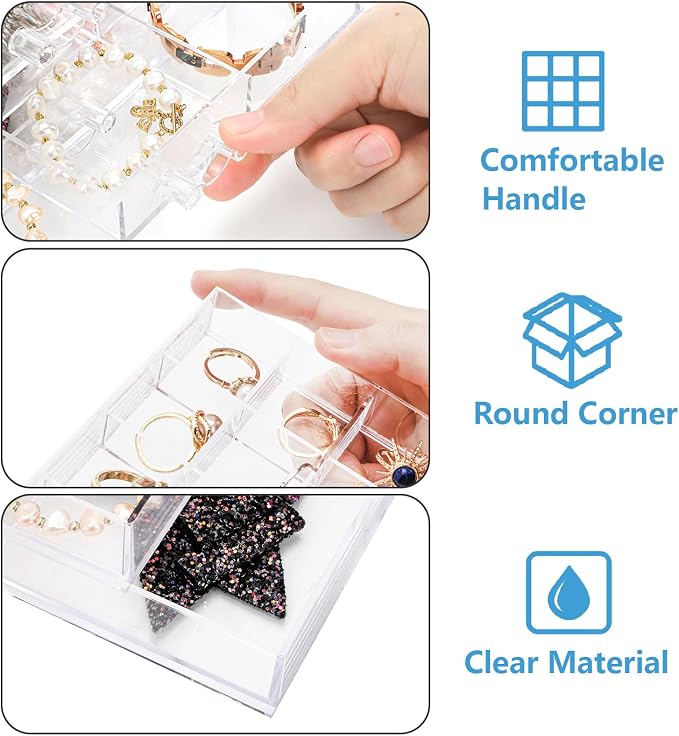 yarlung Acrylic Jewelry Storage Box Earring Holder with 5 Drawers, 61 Grids Jewelry Organizer Tray Clear Ring Display Case for Beads, Nail Tips, Women Girls Gift