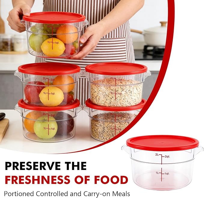 4-Pack Food Storage Containers with Lids,Round Plastic Containers for Kitchen, Food Grade, BPA-Free, Stackable, Clear Red Storage Buckets (Red, 2L)