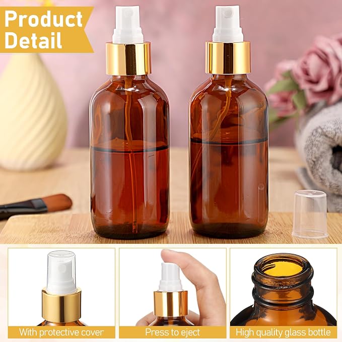 Maxcheck 50 Pieces 4oz Glass Spray Bottles for Essential Oil Small Empty Spray Mist Bottle Empty Fine Mist and Refillable Mister Refillable Liquid Containers for Perfumes, Cleaning(Amber, Gold)