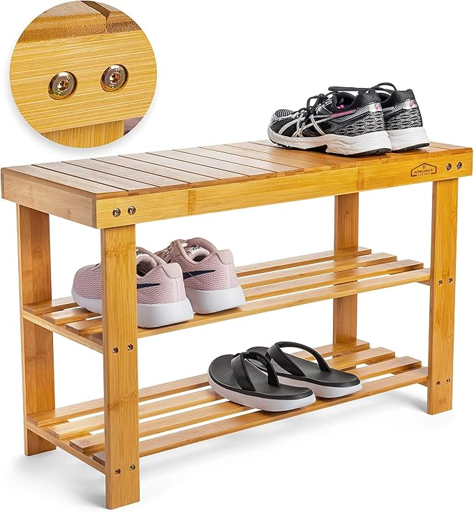 Purawood Bamboo 3 Tier Shoe Rack Bench, Premium Shoe Organizer or Entryway Bench, Perfect for Shoe Cubby, Entry Bench, Bathroom Bench, Entryway Organizer, Hallway or Living Room