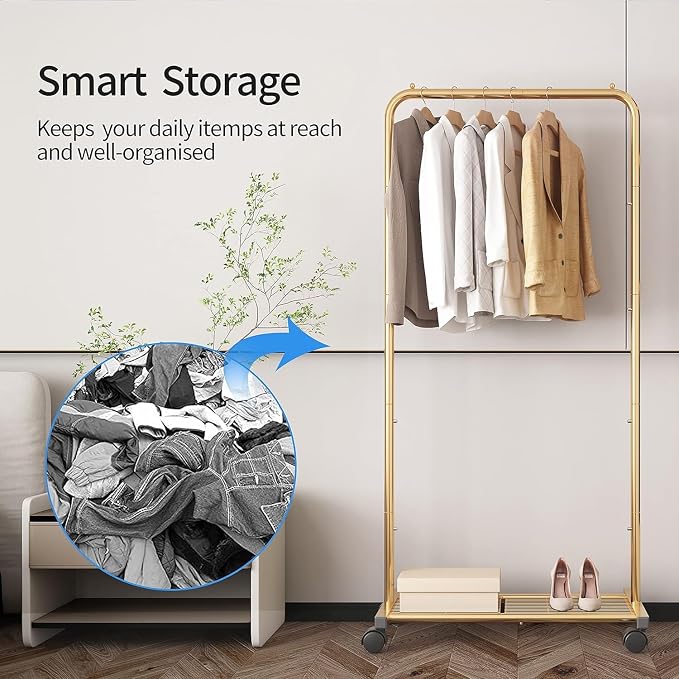 Simple Trending Clothes Garment Rack, Clothing Rack, Golden Yellow | Commercial Portable Closet with Mesh Storage Shelf, Anti-Slip Stoppers, 360° Wheels, Bedroom, Laundry Room