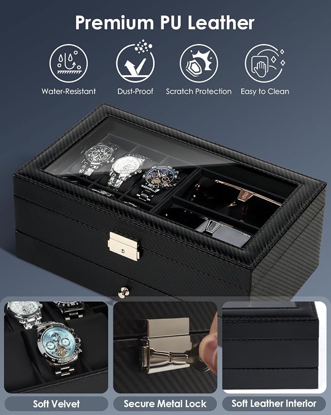 Kukikan Watch Jewelry Box Organizer, 6-Slot 2-Layer Case and Sunglasses Storage with Large Glass Lid, Men's Jewelry Box with Lock, Watch Holder Display Case, Fathers Day Gift, All Black