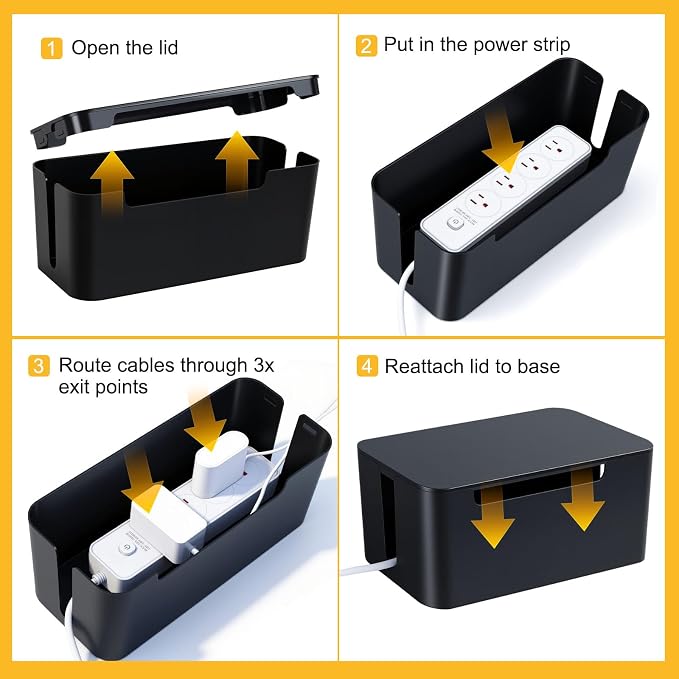 Eichzer Cable Management Box, Premium Cord Organizer Box to Hide Surge Protector on Desk, Power Strip Cover for TV Computer Home Router Office (Black)