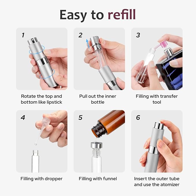 LISAPACK 8ML Atomizer Perfume Spray Bottle for Travel (3 PCS) Empty Cologne Dispenser, Portable Sprayer (Silver)