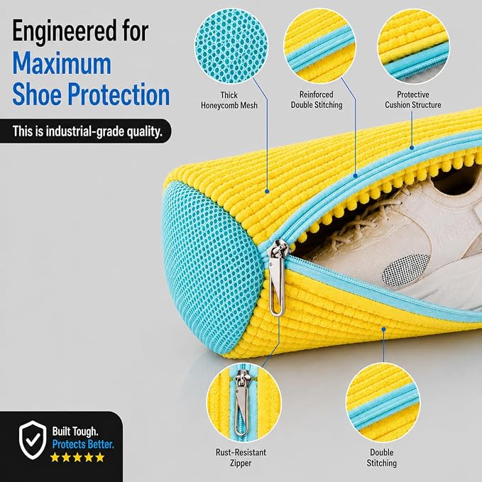 EPSCY Shoe Washing Machine Bags - Reusable Sneaker Laundry Shoe Bag with 360° Deep Clean Mesh - Self Locking Zipper, Noise Reduction Washing Bag Fits All Shoes Sizes and Types - Yellow, Pack of 2