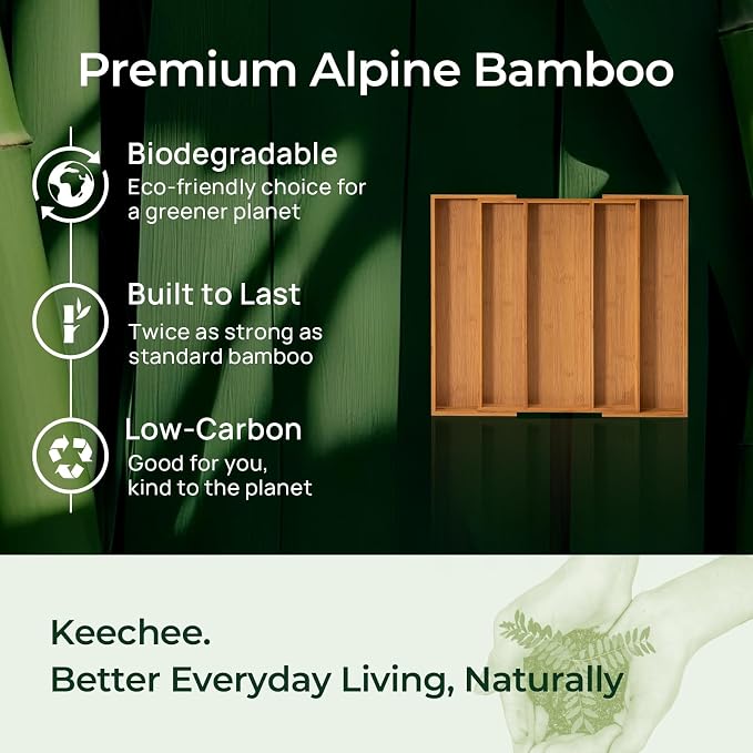 Carbonized Bamboo Kitchen Drawer Organizer, 5 Slots Expandable Silverware Organizer, Utensil Holder & Cutlery Tray, 2.2" Deep for Extra Capacity, Non-Slip Feet Included.