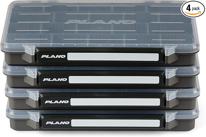 Plano StowAway 3700 Stow Tackle Box, 4 Pack, with Corrosion-Preventive Rustricor, Single Latch Design, Transparent DuraView Lid, Stackable Storage for Fishing Bait, Lures and Gear