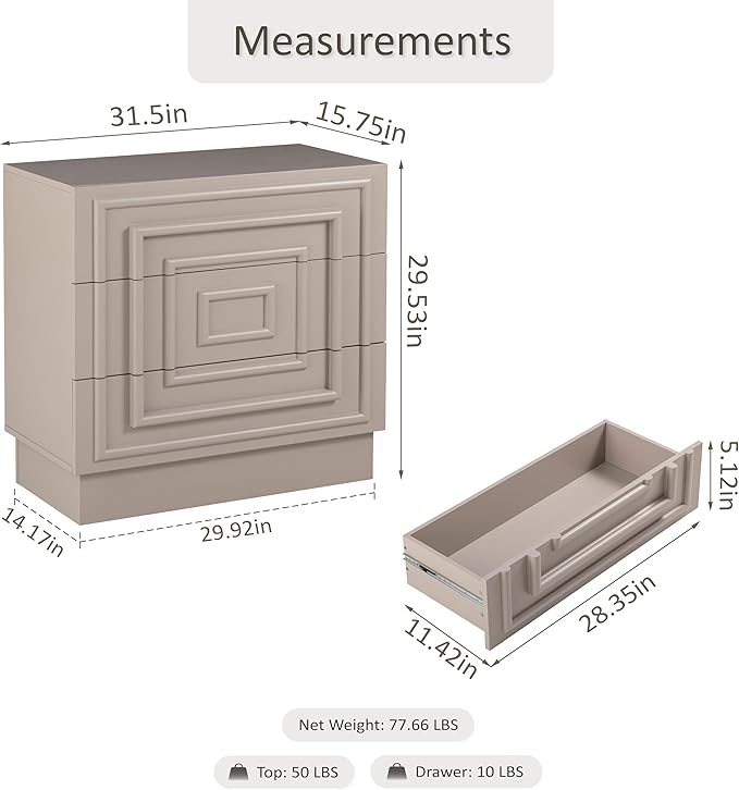 Aoikax Modern 3-Drawer Dresser, Sculptural Mid-Century Drawer of Chest with Geometric Square Pattern, Contemporary Accent Dresser for Bedroom, Living Room, Taupe Color