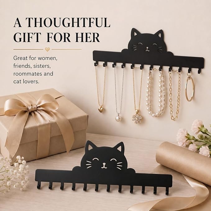 Hicarer 2 Pack Black Cat Necklace Organizer Wall Mount Holder with 24 Hooks Adhesive Metal Jewelry Hanger Cat Lover Gifts for Women Halloween Christmas Home Decor for Earrings Bracelets Rings Keys