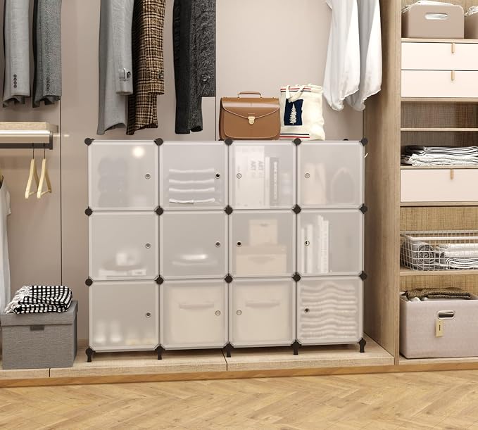 AWTATOS 12 Cube Storage Organizer, Closet Storage Shelves with Doors | Closet Organizers, DIY Stackable Storage Cube Shelf, Plastic Clothes Organizer Shelving for Bedroom, Home Office，Translucent