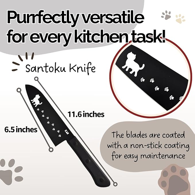 Cute Kawaii Cat-Themed Santoku Knife & Fruit Knife & Kitchen Scissors & Soft Cutting Board & Microfiber Towel Set AB5801,DH2722,DH2721,AP5180
