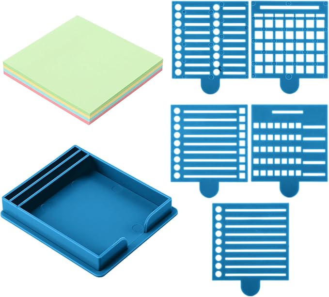 Sticky Note Holder with 5 Different Stencil & 100 Sheet Post It Notes, 3x3 inch Sticky Pads Dispenser with Line Box Drawing Template for Office and Home(COLOR:blue)