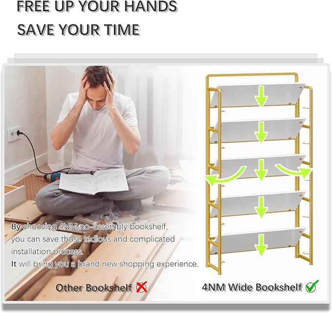 4NM No Assembly Extra Wide 5 Tiers Folding Bookshelf Storage Shelves Vintage Bookcase Standing Racks Study Organizer Home Office (White Gold)