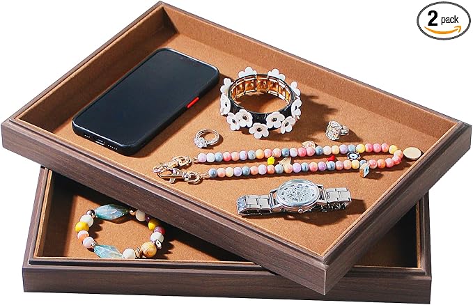 Wood Jewelry Organizer Tray, Drawer Tray (Brown, 2Pc, Flat) | Stackable Jewelry Display, Large Capacity Drawer Tray, Versatile Drawer Organizer, Multi-Purpose Storage