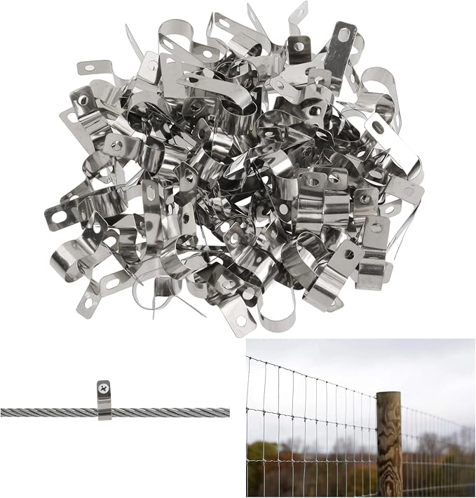 Antrader Stainless Steel Wire Fence Clips,Fencing Mounting Clips,100Pcs | Agricultural Fencing Fence Wire Clamps with Screws,