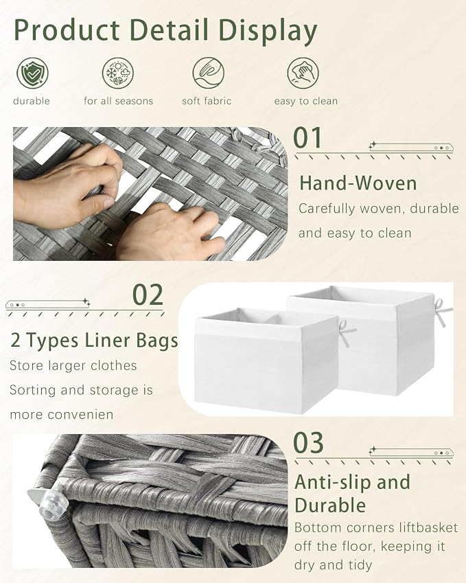 SETVSON Storage Basket with Lid Rattan Storage Basket with 2 Separate Lid, 27.8 Gallon (105 L) 25.2 * 15.4 * 16.1 Inches Woven Wicker Baskets with 2 Liners and Handles for Bedroom Laundry-Gray
