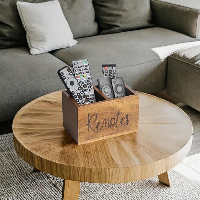 LBEMEY Acacia Wood TV Remote Holder, Caddy and Organizer for Table, Vintage Farmhouse Desk Caddy (Brown, 4+ Remotes)