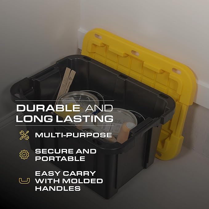 CX BLACK & YELLOW 12-Gallon Heavy Duty Storage Bins with Lids, Stackable Plastic Storage Bins, Dorm Room Essentials, Back to School, Classroom Organization, Home Organization, 6 Pack (12.51H x 16.3W x 21.8D)