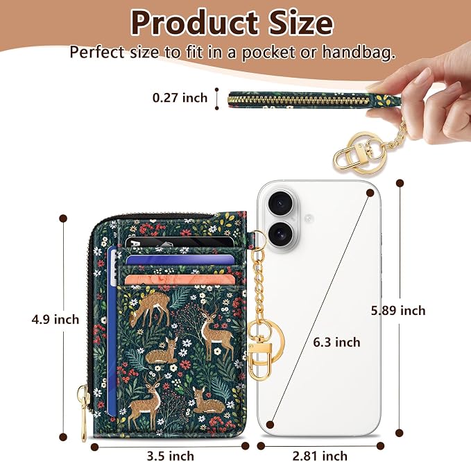 GIANCOMICS Slim Wallet Credit Card Holder Women, Cute Deer Rfid Blocking Small Card Case, Keychain Thin Pocket Curved Zipper Wallet, Travel Card Holder PU Leather ID Window, Ladies Female Gifts