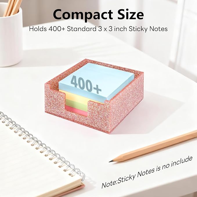 Acrylic Sticky Note Holder 4x4in Tray for Desk, Light Pink Glitter | Sparkling glitter acrylic tray, fits 3x3 sticky notes, compact organizer for office school and home