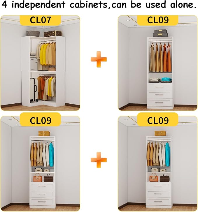 Closet System with 9 Drawers, Corner Closet Organizer System with 9 Hanging Rods Walk in Wooden Modular Closet Storage System L-Shaped 4 Sets, 2800+ Lbs Capacity White